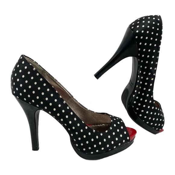 Rampage Black White Polka Dot Peep Toe Stiletto Heels | Size 6 - Picture 1 of 8